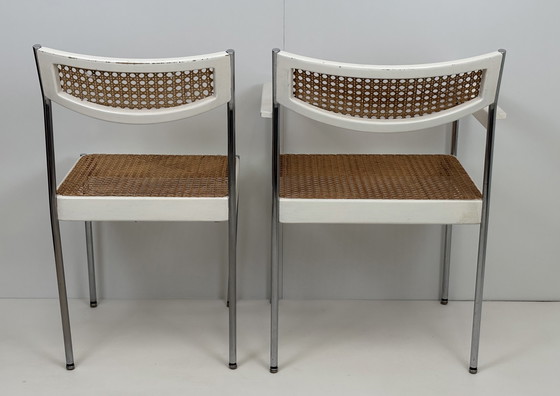 Image 1 of 2 x vintage armchair rattan/webbing chrome tube frame white wood