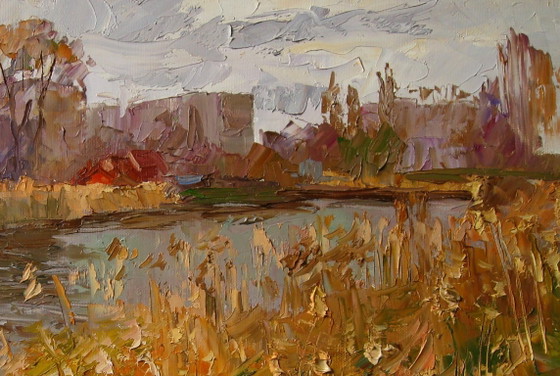 Origineel Olieverfschilderij Natuurlandschap Stadsrand Herfstrivier – Schilderijen & Tekeningen, Canvas (photo 5 of 7)