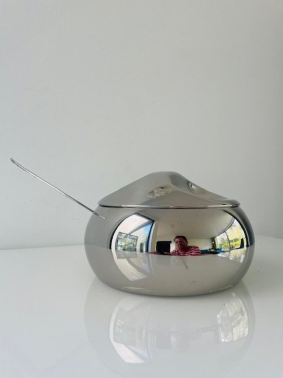 Image 1 of Vintage space age stainless steel sugar bowl with spoon – Tramontina design