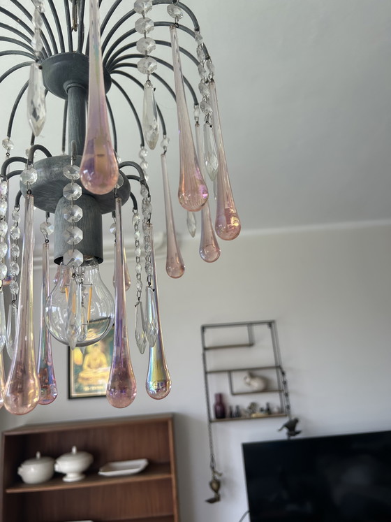 Image 1 of Lustre vintage orné de stalactites et de pampilles en verre, style Murano