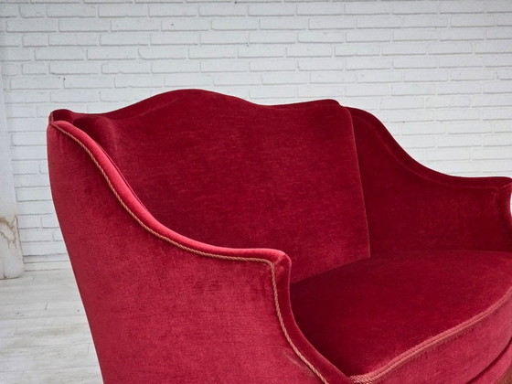 1970s, Danish 2-Seater Sofa, Red Furniture Velour, Ash Wood Legs. – 2 seaters, Velvet (photo 17 of 20)