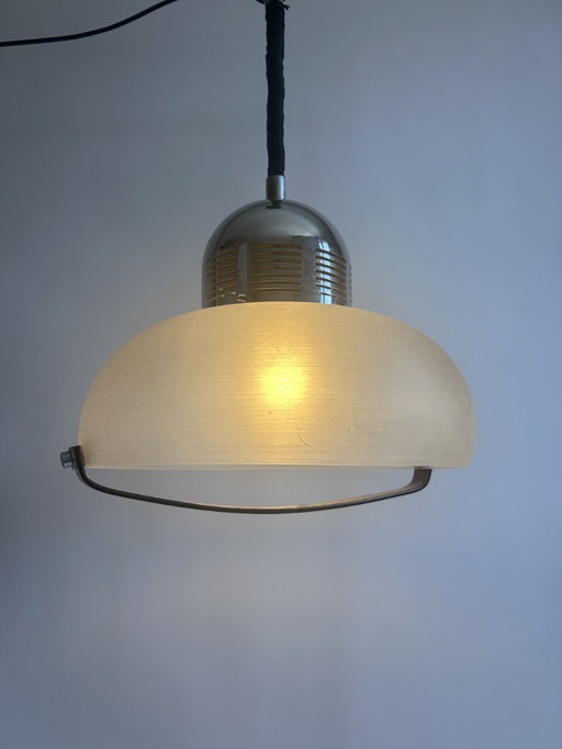 Vintage hanging lamp in chrome and frosted glass - 1970s
