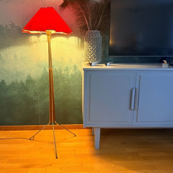 Image 1 of Scandinavian Mid-Century Floor Lamp in Teak and Brass with Original Shade