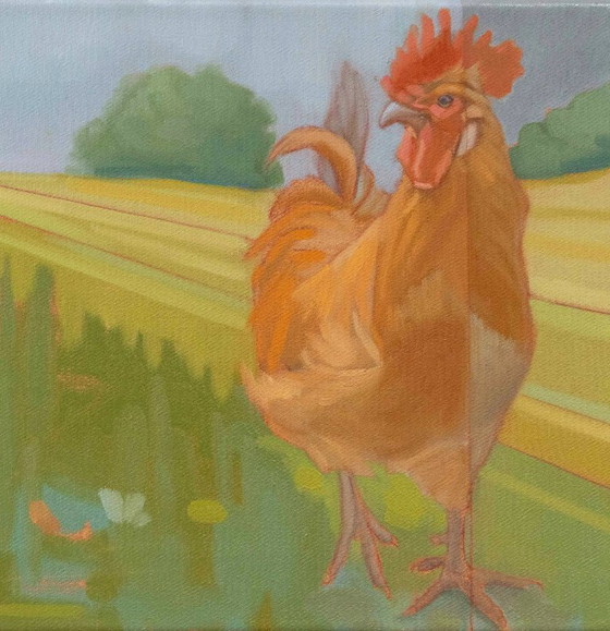 Image 1 of Pollo su un prato estivo, olio su tela, 50 x 30 cm