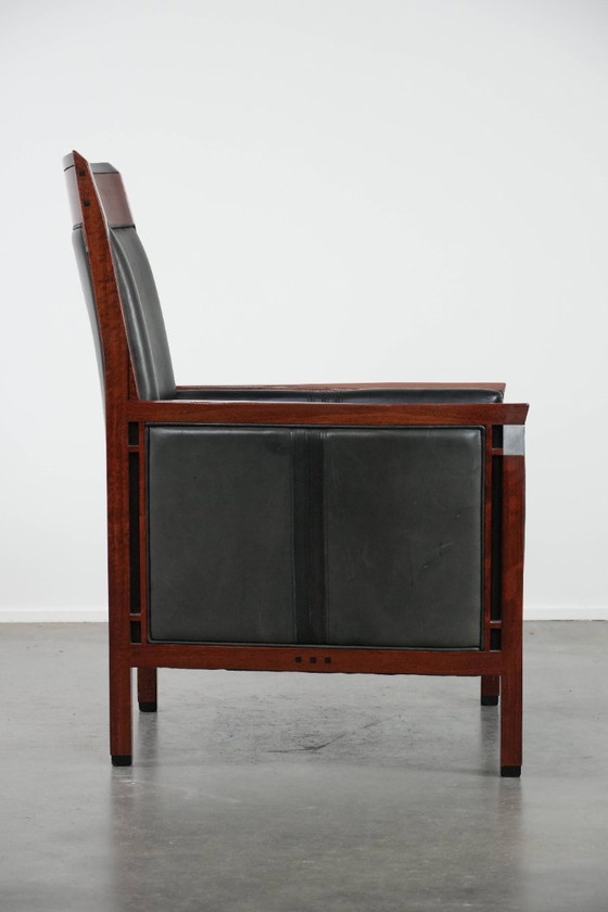 Image 1 of Zwarte Art Deco rundleren en houten Schuitema design fauteuil uit de Decoforma serie met een hoge rug