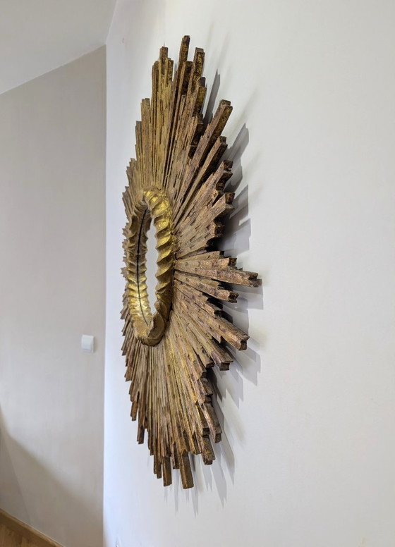 Grand Miroir Soleil Mid-Century en Bois Sculpté Doré, Années 1950 – Glass, Wood (photo 19 of 20)