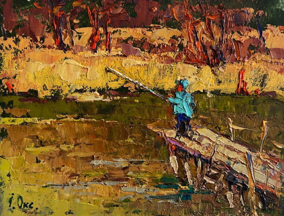 Image 1 of Original Oil Painting Autumn River Landscape The Lonely Fisherman