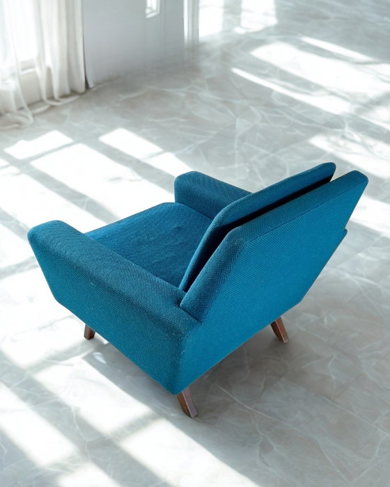 Zeldzame Deense 4-Zits Bank + Fauteuil | Petrol Wol | Jaren '60 – 3-5 zitsbanken, Wool, Wood (photo 4 of 9)