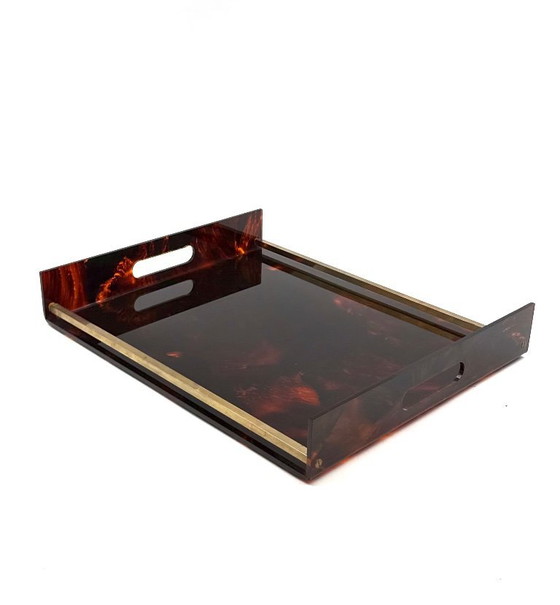 Image 1 of Hollywood Regency dienblad van messing en lucite met schildpadmotief, Italië, jaren 70.
