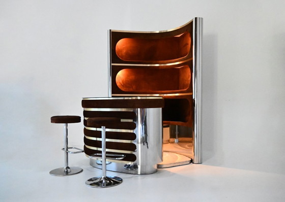 Image 1 of Bar set with 2 stools in the style of Willy Rizzo, 1970s