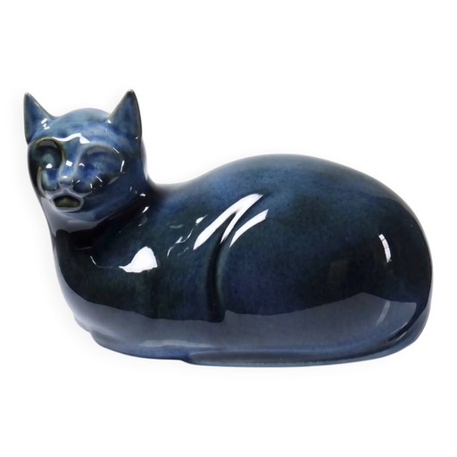 Seltene große Vintage blaue Katze aus Virebent Porzellan, 1970er-1990er Jahre.