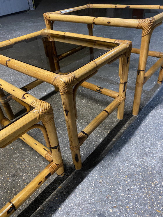 Image 1 of Bamboo and Smoked Glass Nesting Tables