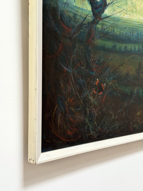 Image 1 of Ben Genaux (1911–1996, Belgio) - Paesaggio surreale con torre e farfalla, olio su tavola