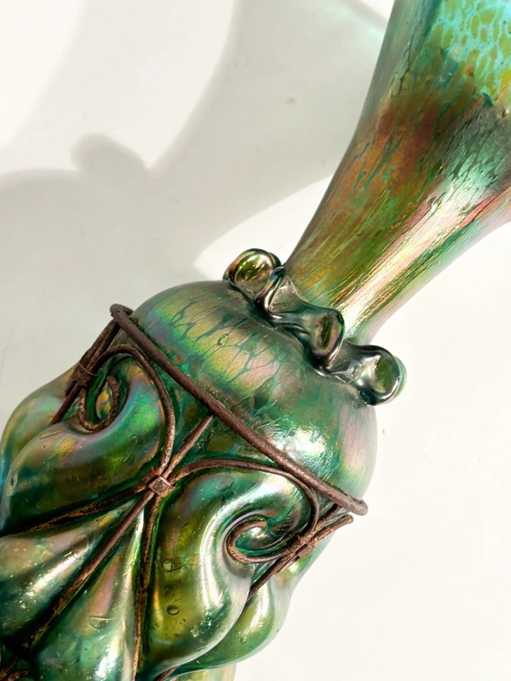 Pair of 1920s Loetz Glass and Wrought Iron Vases – Art Nouveau (photo 21 of 21)