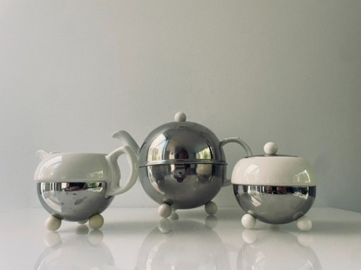 Servizio da tè/caffè vintage – ceramica e acciaio inossidabile – 3 pezzi