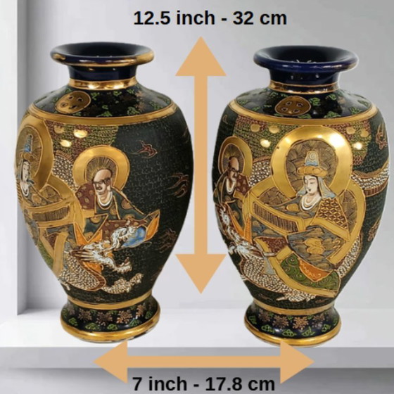 Image 1 of Paar Satsuma Meiji-Vasen, signiert Niiyama, 32 cm - mit offiziellem Wertgutachten.