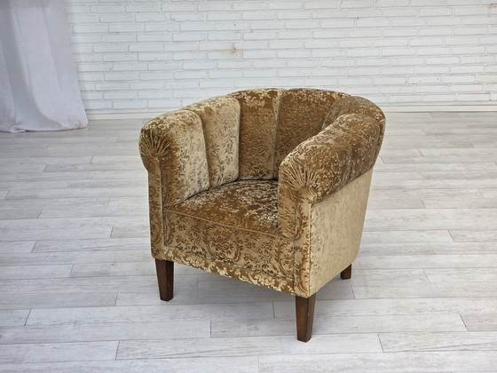 Image 1 of 1960s Danish Vintage Armchair, Green Furniture Velour, Ash Wood Legs