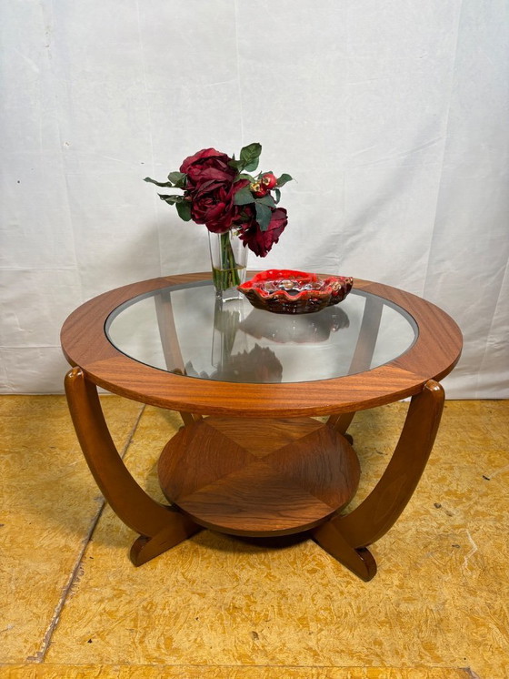Image 1 of Mid-Century Retro Vintage Teak & Glass Round Coffee Table by Stonehill 1960  Sculptural Design • Danish Inspiration • British Cr