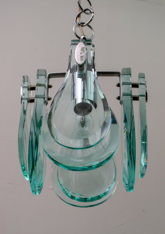 Image 1 of Suspension italienne moderne du milieu du siècle en chrome et verre épais par Veca, années 1960