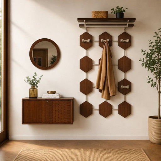 Danish Modern Garderoben-Kombination mit Cadovius Schuhschrank, geometrischer Wandgarderobe & massivem Teakspiegel