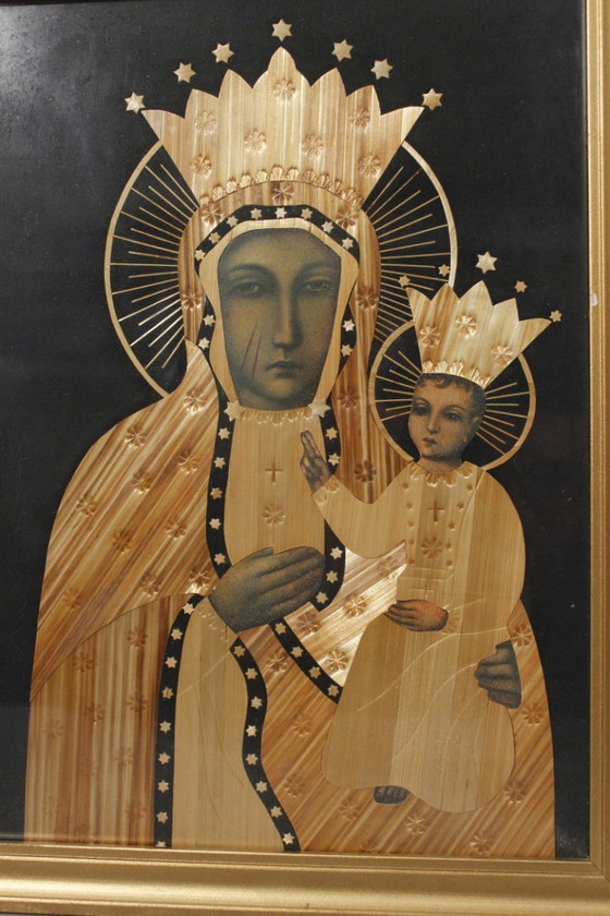 Image 1 of Icona intarsiata in paglia della Madonna Nera di Częstochowa, Polonia, 1979