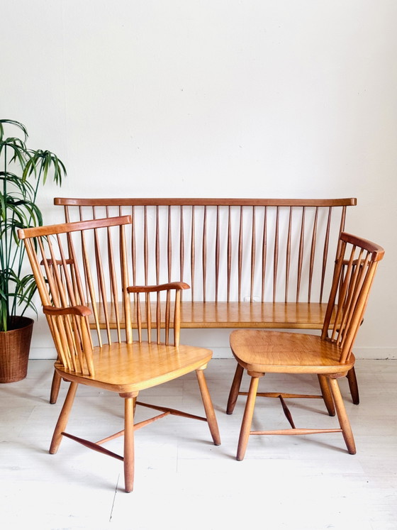 Image 1 of Vintage Minimalist Spindle Bench + Chairs 1950s/60s
