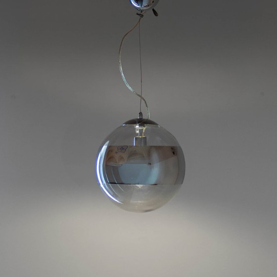 Image 1 of 1x Italian Modern Space Age Pendant Light, Glass & Silver Metal, 1980s