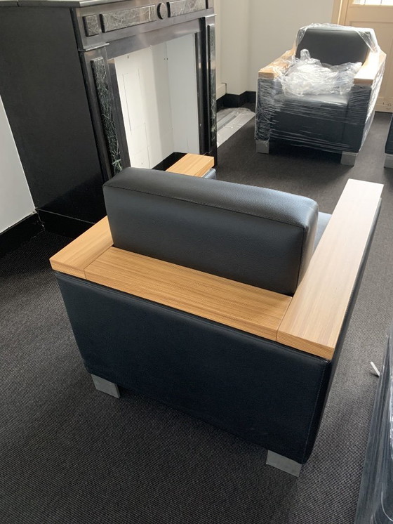 Image 1 of Set of 5 Alter Modus Vivendi armchairs in black leather, zebrano wood, and stainless steel legs