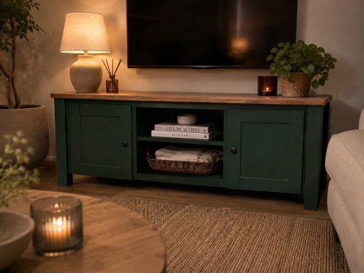 Mueble de TV de estilo rústico en color verde oscuro con tapa de madera maciza.
