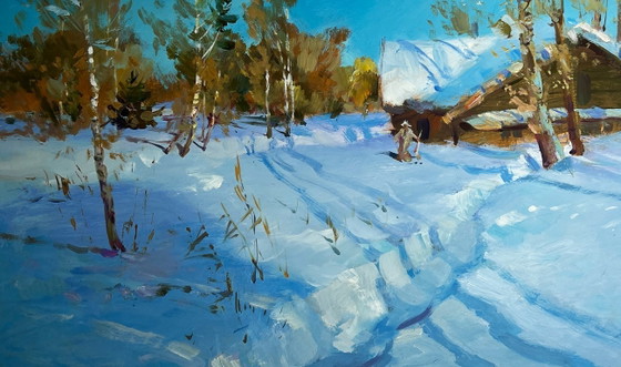 Image 1 of Original Oil Painting Winter Village Landscape After the night snowfall