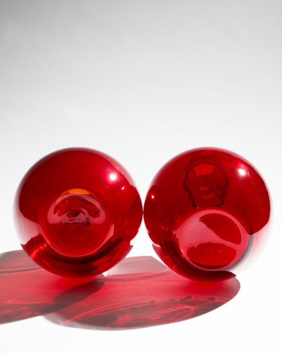 Image 1 of Hirschberg “Kalabasse” Ruby Red Sculptural Glass Vase Duo Wilhelm Braun-Feldweg