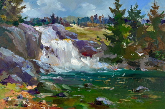 Image 1 of Original Oil Painting Coastal Rock Landscape Mountain waterfall