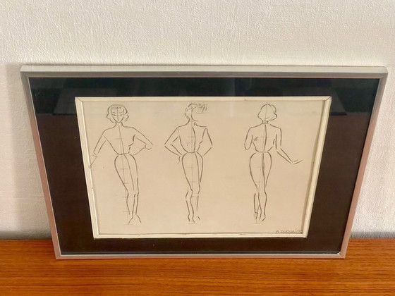 Image 1 of Vintage, Signed, Framed, Pencil Sketches by Berthe Duquaine, 1951