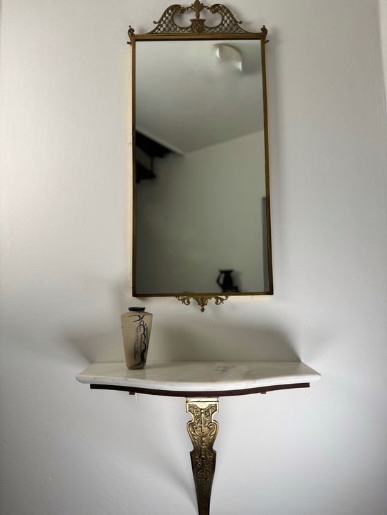 Image 1 of Chic Wall Console With Mirror - Marble & Brass Ornaments