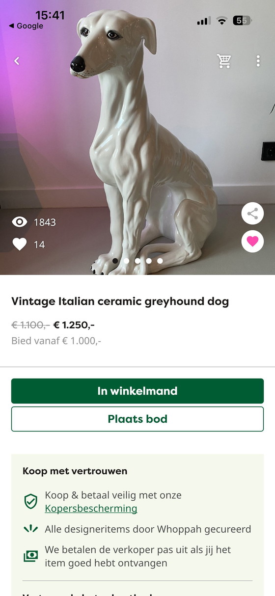 Image 1 of ELEGANT LIFE-SIZE ITALIAN CERAMIC GREYHOUND 74 CM