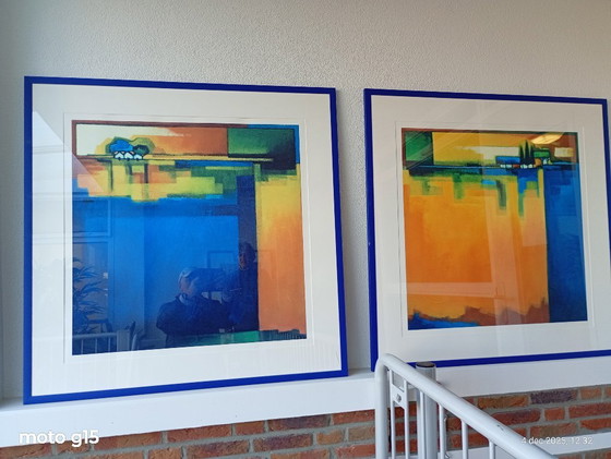 Image 1 of 2 grote kleurrijke zeefdrukken van Maria Megens.