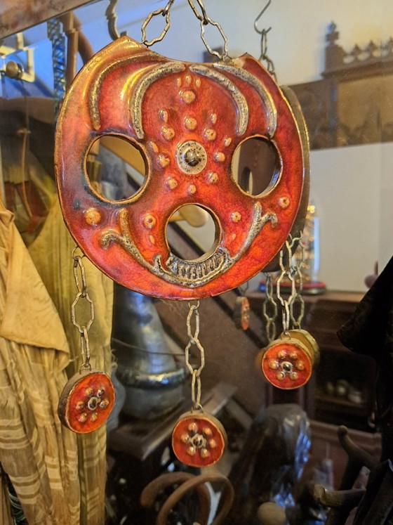 Image 1 of Ceramica vintage anni '70 in tonalità arancione, nero e grigio smalto, opera d'arte realizzata a mano da un artista, decorazione