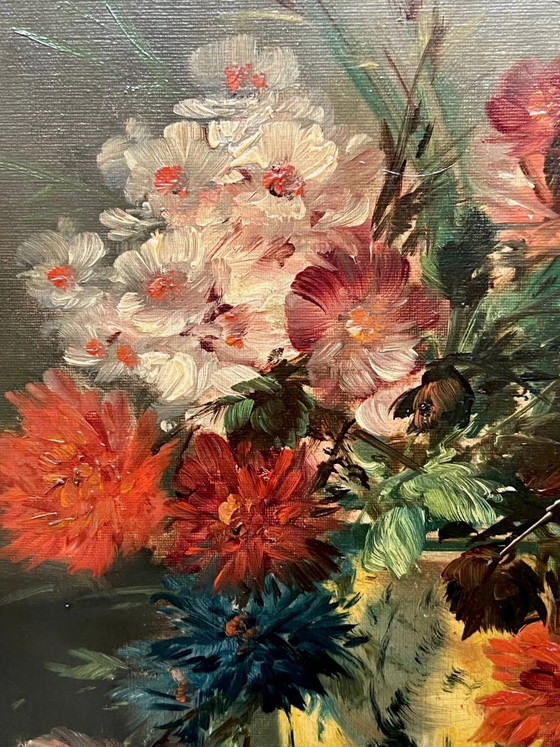 Stilleven met bloemen. Olieverf op doek. Gesigneerd door de kunstenaar. – Schilderijen & Tekeningen, Canvas (photo 3 of 8)