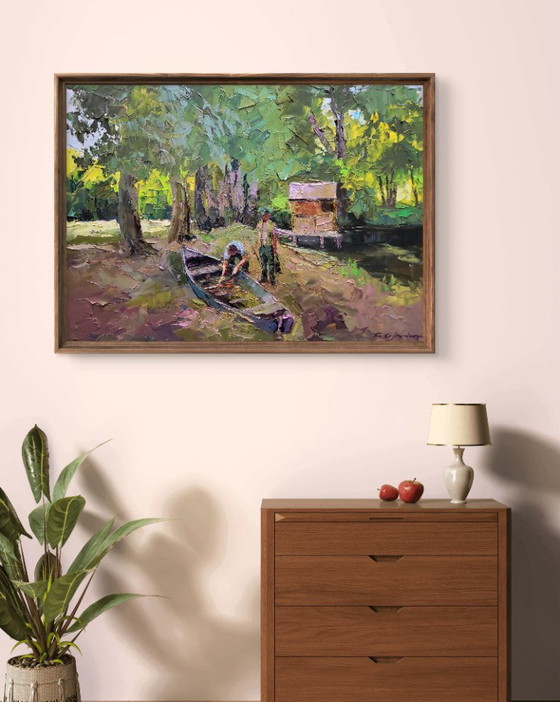 Image 1 of Origineel olieverfschilderij: Landelijk landschap, natuur, een boot nabij de kust