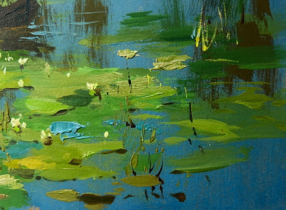 Image 1 of Dipinto ad olio originale raffigurante un paesaggio costiero fluviale, su una barca vicino alle canne.