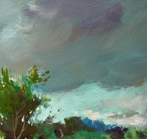 Image 1 of Pintura al óleo original Paisaje costero gris en las afueras del pueblo.