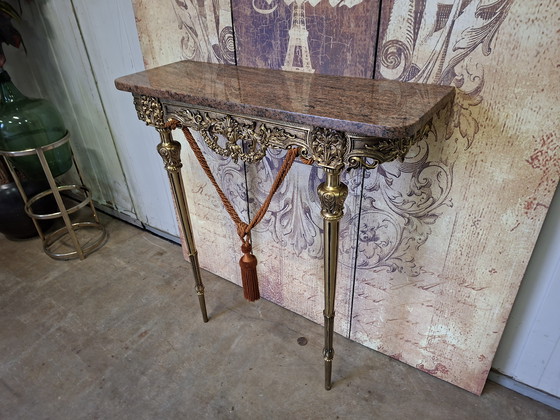 Image 1 of Console murale en laiton avec plateau en marbre, table d'appoint, console d'entrée, dimensions 75x26cm et 81cm de hauteur.
