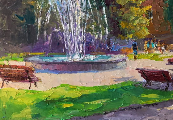 Image 1 of Dipinto ad olio originale. Paesaggio urbano, piazza, parco cittadino con fontana.