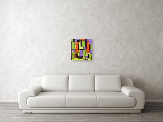 Image 1 of Modern abstract green, yellow, purple and orange mixed media painting