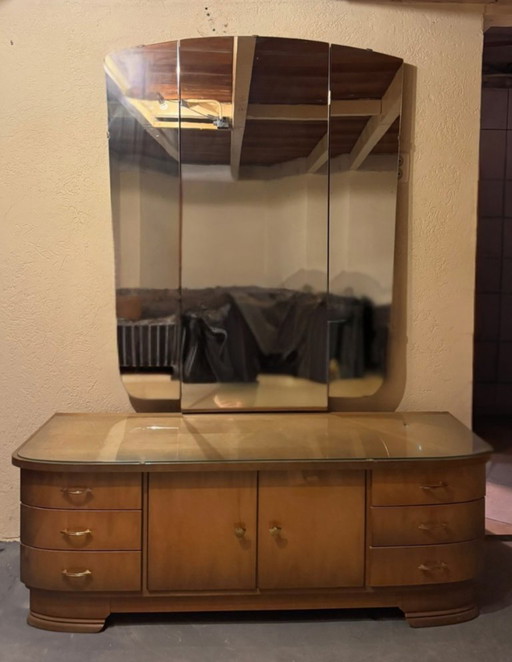 Tocador vintage con espejo de tres piezas – Estilo Art Déco (años 40-50)