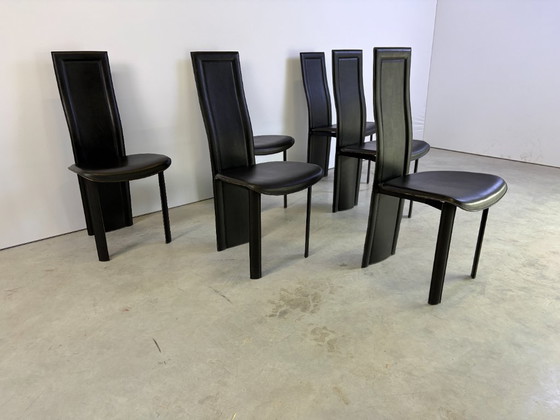 Vintage Zwart Lederen Eetkamerstoelen, Set van 6, Jaren 80 – Leather (photo 4 of 9)