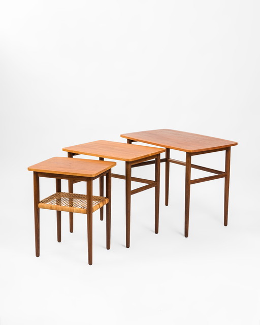 Mid Century Danish Nesting Tables Made Of Teak And Rattan