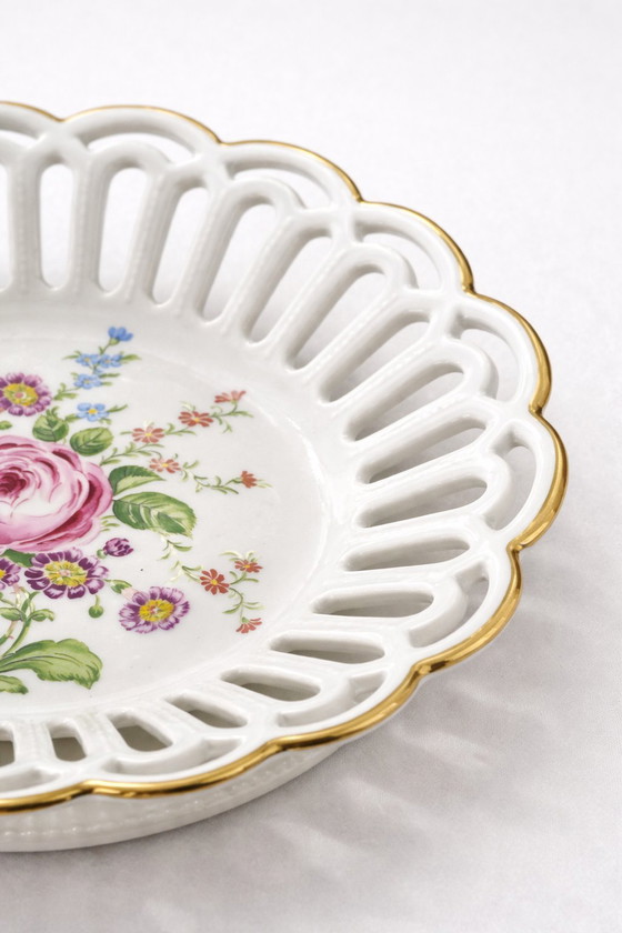 Image 1 of Vintage Lichte Porzellan Pierced Plate – Pink Rose Reticulated China – Made in GDR East Germany – Romantic Home Decor