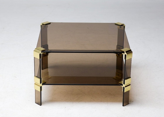 Image 1 of HOLLYWOOD REGENCY BRASS & SMOKED GLASS COFFEE TABLE CHIC TWO TIER END TABLE