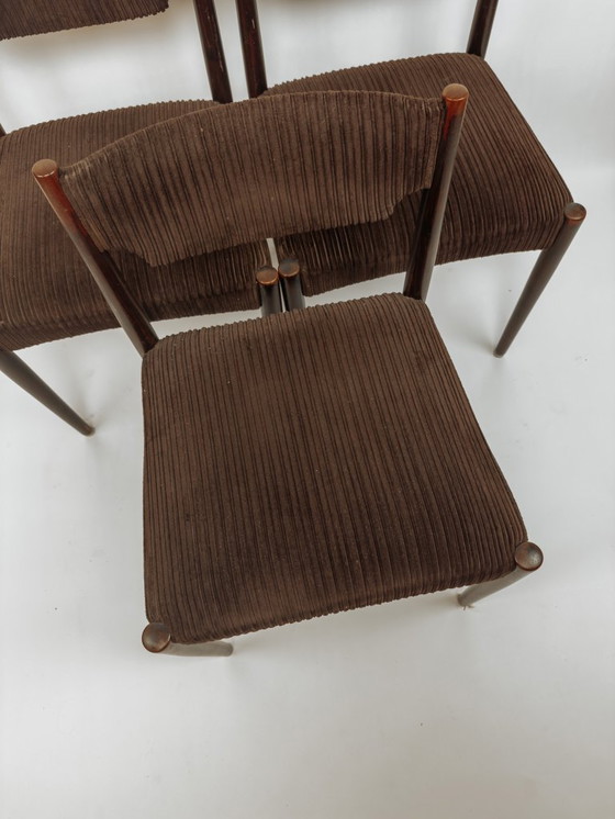 Image 1 of 3x Vintage teak dining chairs with brown upholstery